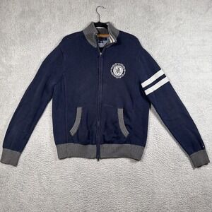 Tommy Hilfiger Sweater Mens Large Navy Blue Gray Full Zip Knit Varsity Prep Logo